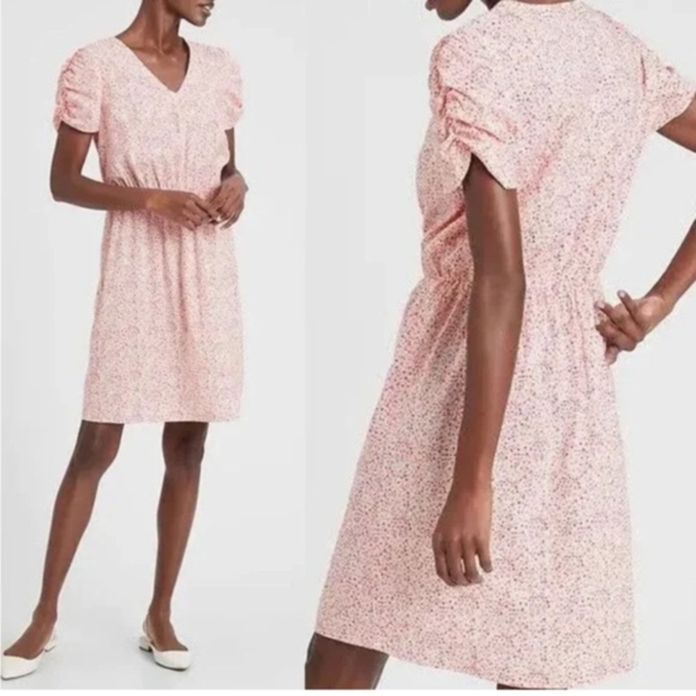 Banana Republic pink daisy floral puff sleeve fit and flare dress M